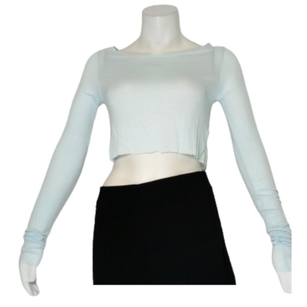 Women Light Blue Long Sleeve Crop Top